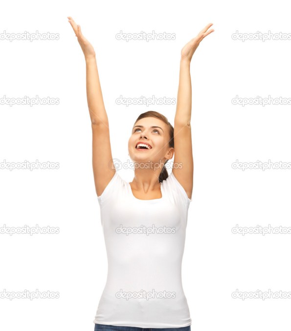 picture of young happy woman with hands up
